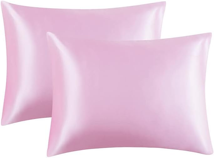 JUWENIN,Luxury Satin Pillowcase with Zipper (Silky Satin Pillow Case for Hair) Set of 2 (Standard, Pink)