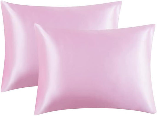 JUWENIN,Luxury Satin Pillowcase with Zipper (Silky Satin Pillow Case for Hair) Set of 2 (Standard, Pink)