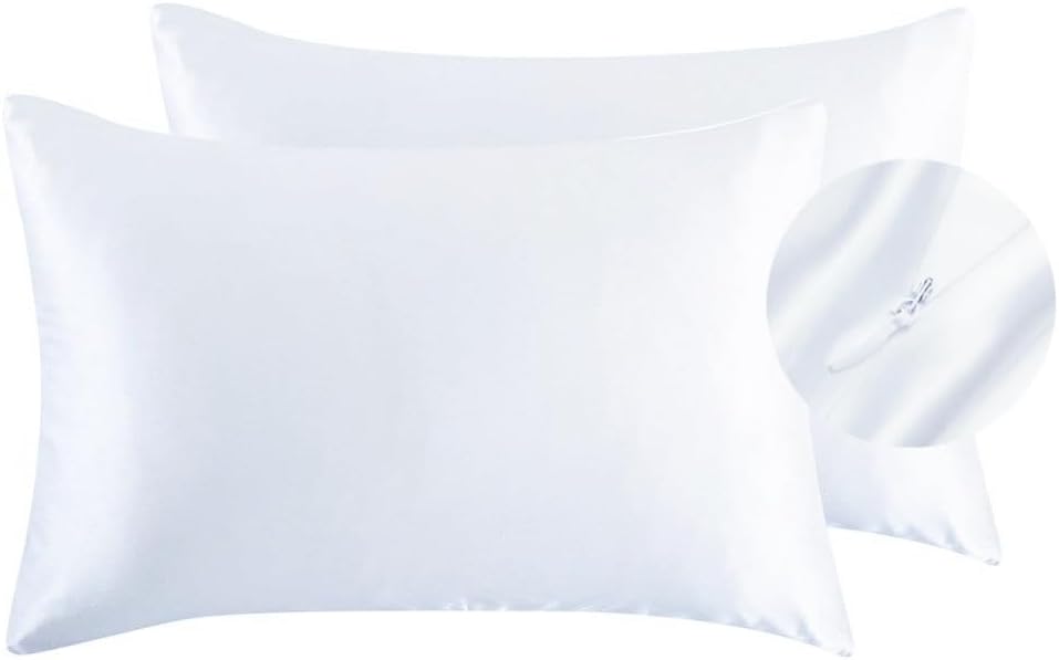 JUWENIN,Luxury Satin Pillowcase with Zipper (Silky Satin Pillow Case for Hair) Set of 2 (King, White)