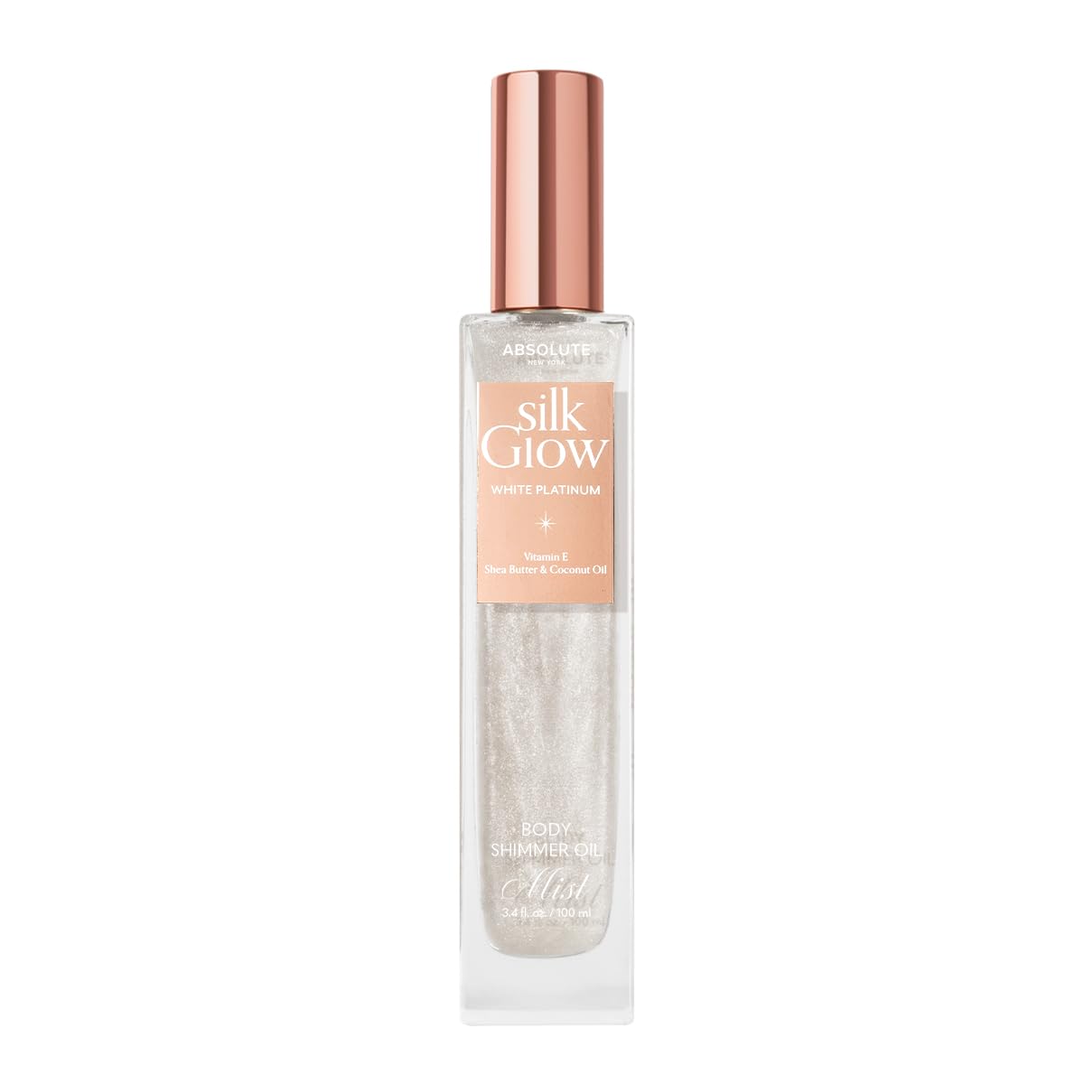 Absolute New York - Silk Glow Shimmer Mist Glow, Radiant, Shimmer Body & Face & Hair, Shea Butter, Coconut Oil, Vitamin E (SBGS01 White Plantinum Mist, 3.4 fl oz)