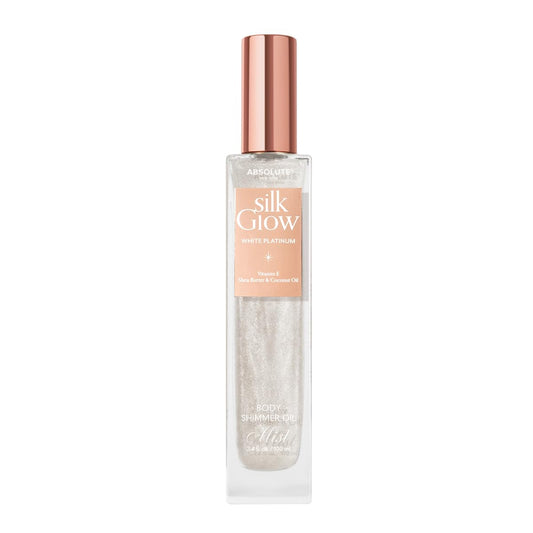 Absolute New York - Silk Glow Shimmer Mist Glow, Radiant, Shimmer Body & Face & Hair, Shea Butter, Coconut Oil, Vitamin E (SBGS01 White Plantinum Mist, 3.4 fl oz)
