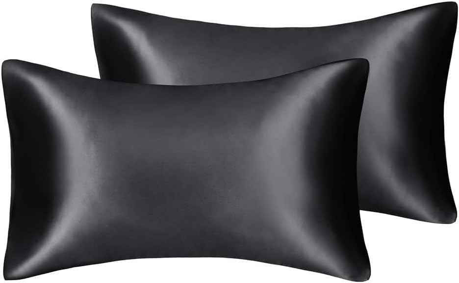 Juwenin Bedding,Super Soft and Luxury Silky Satin Pillowcase (Silky Satin Pillow Case for Hair) Set of 2 (Black, King (20'x40'))