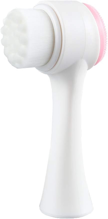 3D Stand Vertical Silicone Facial Wash Brush, Double Sides Face Brush, 2 in 1 Facial Cleansing Brush Manual Dual-action Face Brush for Acne, Clogged Enlarged Pores Sensitive Delicate, Dry Skins (Pink)