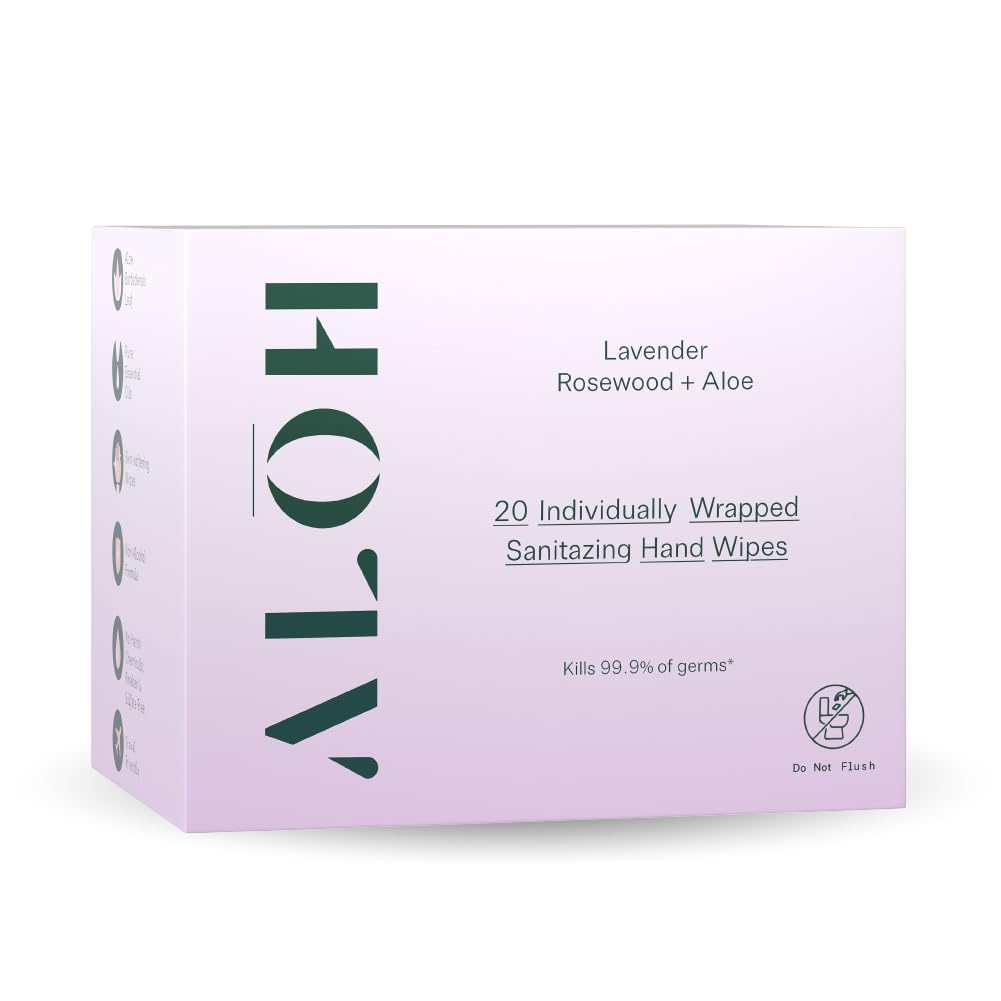 ALŌH Skin- Softening Sanitizing Hand Wipes – Lavender Rosewood + Aloe -1 box of 20ct Individually Wrapped Wipes