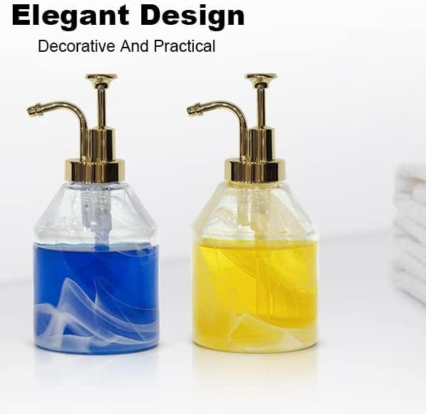 Bathroom Soap Dispenser Set 2pcs Value Pack 3D Smog Thick Glass Soap Bottle with Smooth Action Rust-Free ABS Pump,Luxury Kitchen Dish Soap Dispenser for Liquid Hand Lotion,Syrup-12.7Oz,Gold