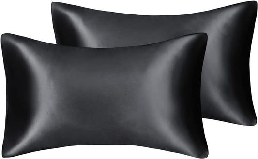 JUWENIN,Luxury Satin Pillowcase with Zipper (Silky Satin Pillow Case for Hair) Set of 2 (Standard, Black)