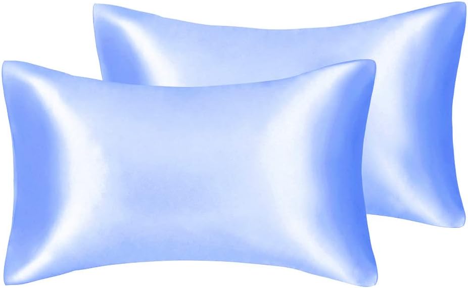 JUWENIN,Luxury Satin Pillowcase with Zipper (Silky Satin Pillow Case for Hair) Set of 2 (Queen, Blue)