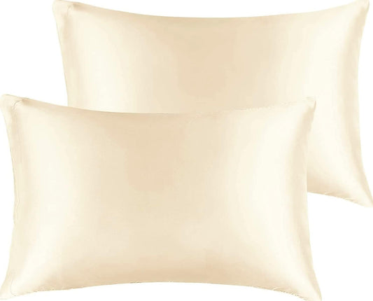 JUWENIN,Luxury Satin Pillowcase with Zipper (Silky Satin Pillow Case for Hair) Set of 2 (Queen, Beige)