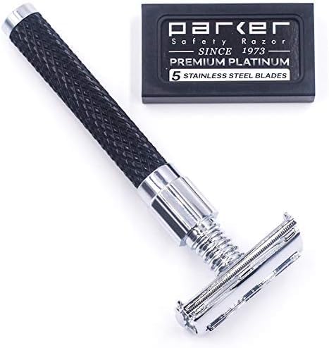 Parker 92R Graphite Gray, Long Handle Heavyweight Butterfly Open Double Edge Safety Razor for Men, 5 Parker Premium Platinum Double Edge Razor Blades Included