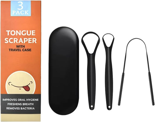 Set of 3 Tongue Scraper Set for Adults (Jet Black) with Travel Case, Reduce Bad Breath, Metal Tongue Scraper, Tongue Cleaner, Tongue Scraper, Tongue Cleaner for Adults