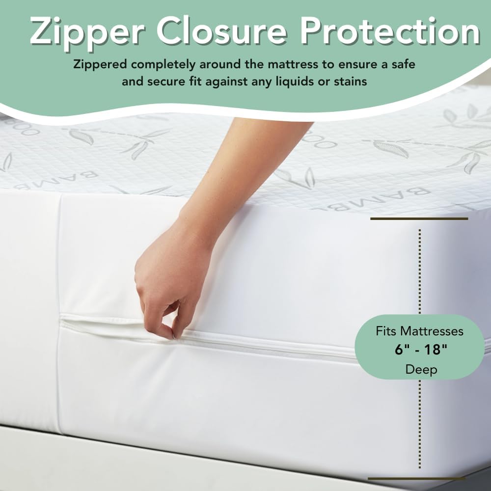 Bamboo Rayon Mattress Protector with Zipper + 2 Pillow Protectors - 100% Waterproof Cooling Full Size Cover - Ultra Soft Fabric Breathable Noiseless Mattress Pad Covers Zippered Encasement