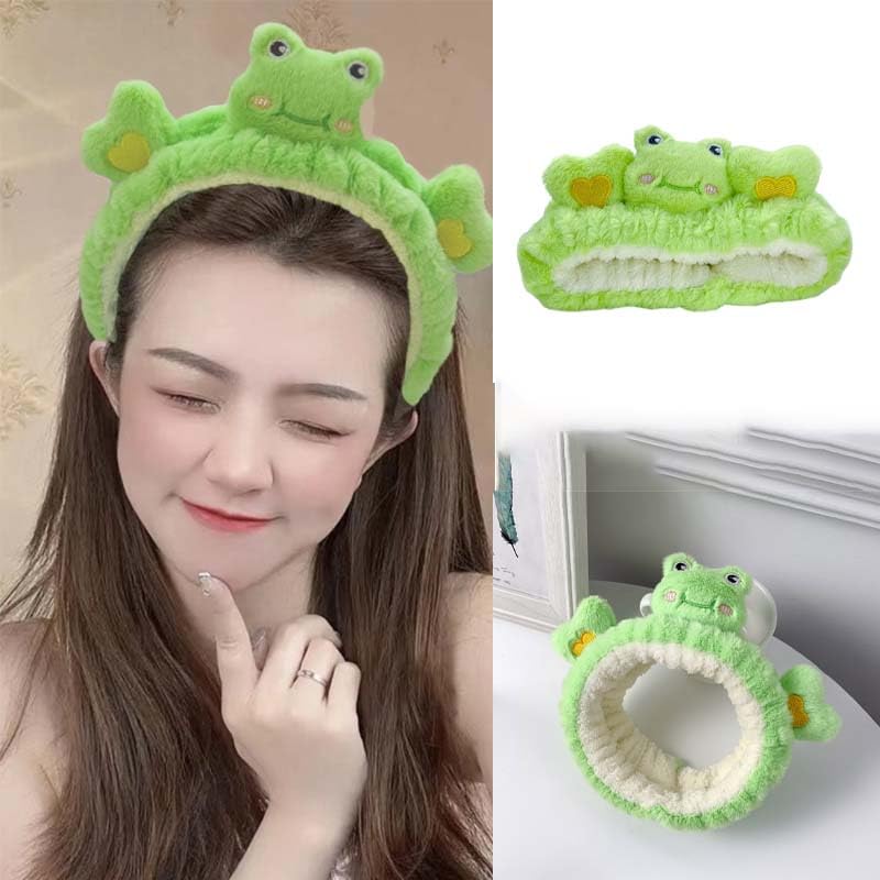 Cute Kawaii Spa Headband Green Frog headband for Women's Skincare, Makeup and Washing - Soft Microfiber Coral Fluffy Towel Headbands for Girls' Hair