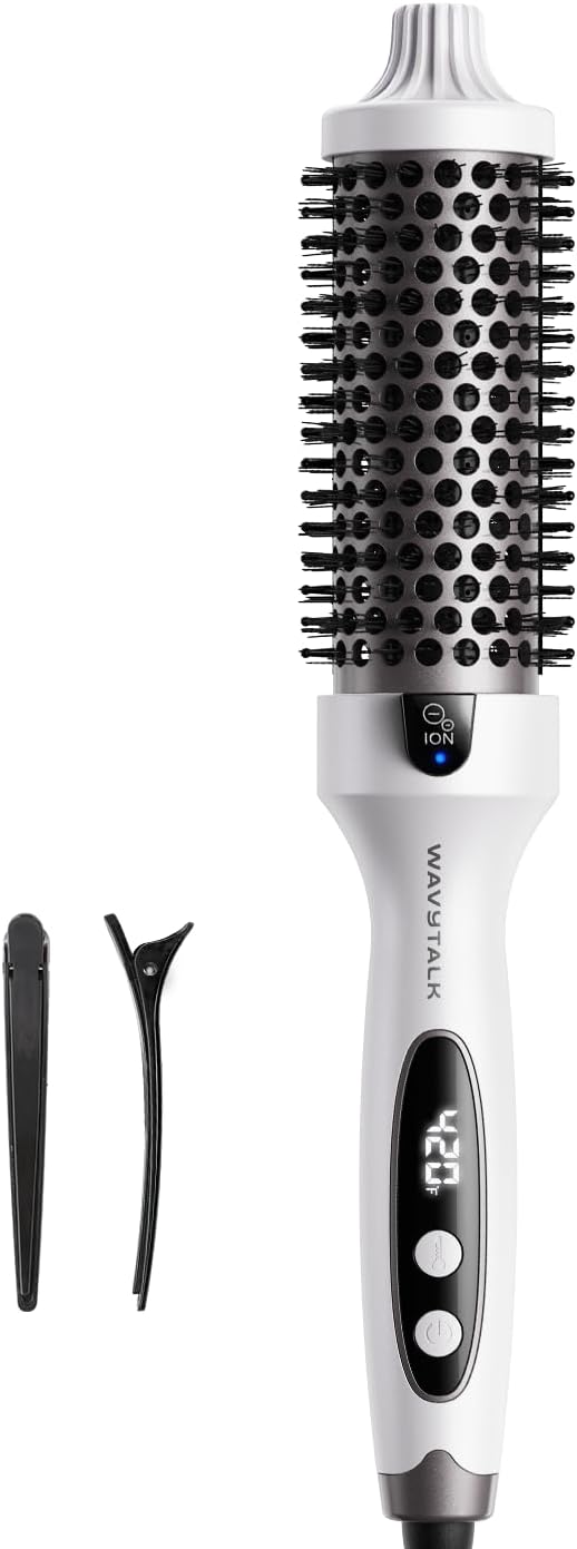 Wavytalk Blowout Boost Thermal Brush, 1.5 inch Heated Round Brush for Blowout Look, Negative Ion Technology, Ceramic Tourmaline, 5 Temperature Settings, Dual Voltage, White