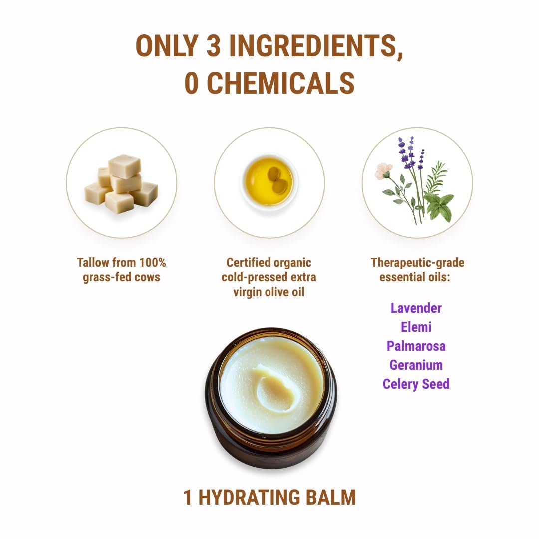 Vintage Tradition Beef Tallow All Purpose Balm – Healing, Hydrating Floral Skin Care Salve Replaces Body Lotion, Hand Cream, More – Essential Oil, Olive Oil, and Grass-Fed Tallow, 2 fl. oz.