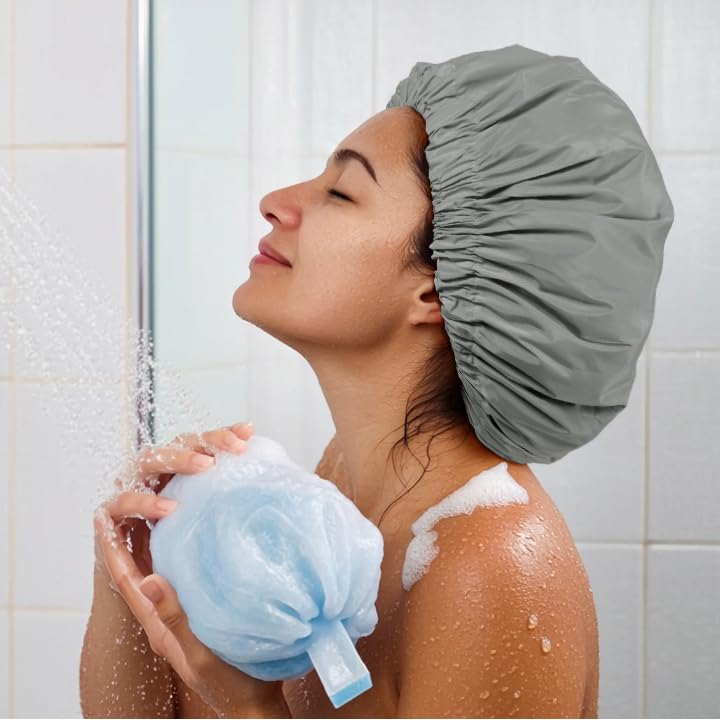 Reusable Shower Cap for Women, Large Waterproof Shower Essentials Bonnet Washable Elastic Band Bath Hair Wrap Hat for Long Hair, Braids(Dark Grey)