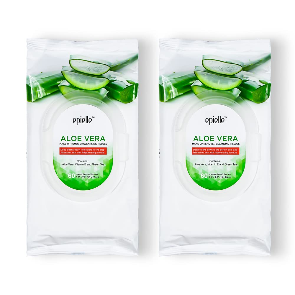 Epielle Aloe Vera Makeup Remover Wipes, Gentle Daily Facial Cleanser Towelettes, Remove Dirt, Oil & Waterproof Mascara, Hypoallergenic & Alcohol-Free, 60 Count (Pack of 2)
