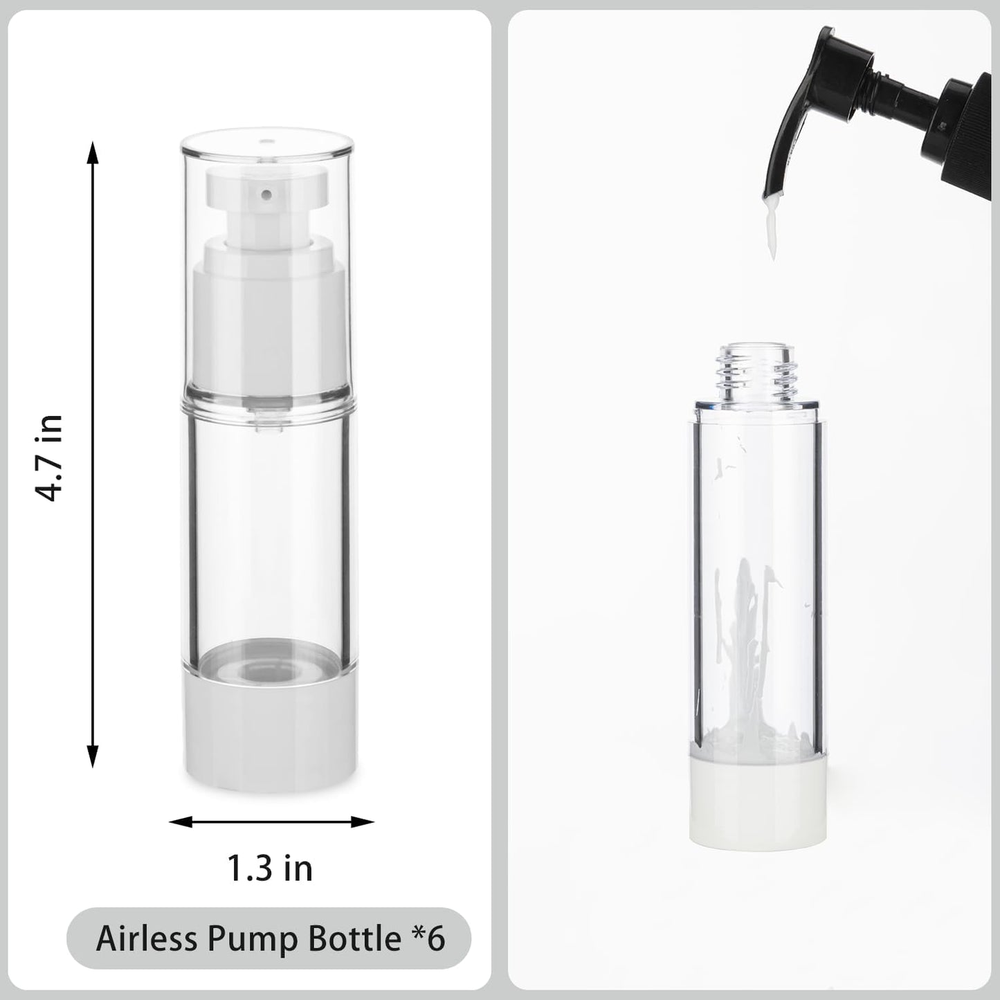 1OZ/30ML Clear Airless Pump Bottles, Lotion Dispenser Travel with Pump, Vacuum Plastic Travel Size Lotion Bottle for Foundation, Creams, Cosmetic(6 Pack)