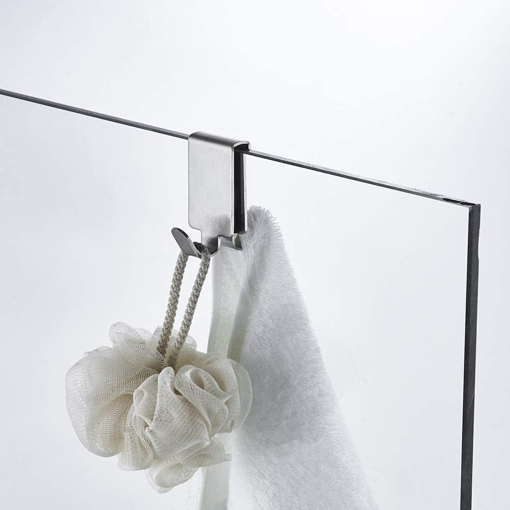 Double Hooks for Glass Shower Door, Towel Hooks Over The Bathroom Glass Wall 0.31-0.39in, Stainless Steel, Brushed,4 Pack.