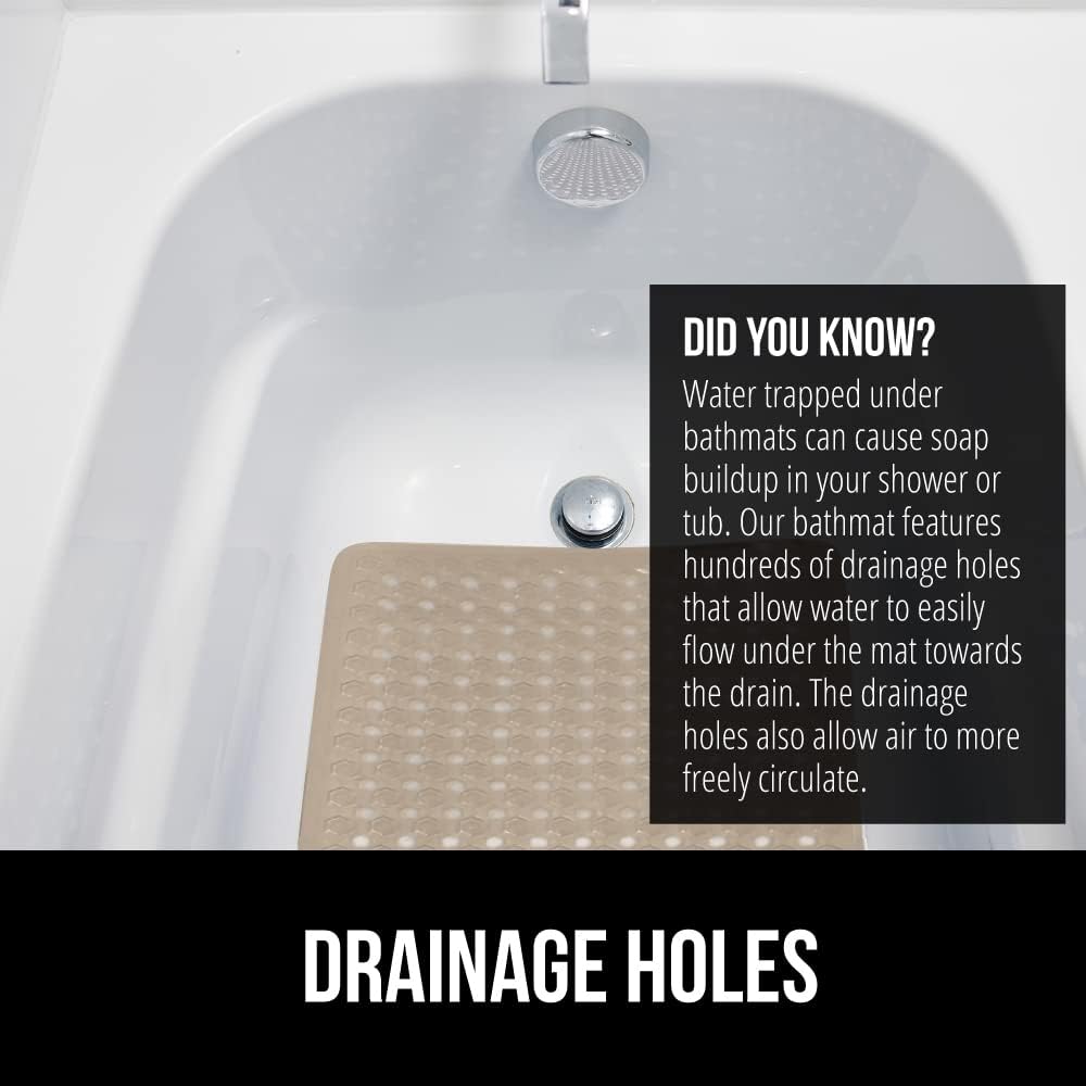 GORILLA GRIP Patented Bath Tub Shower Mat, Machine Washable Bathtub Floor Liner Mats, Suction Cups and Drain Holes to Keep Tubs Clean, Soft on Feet, Bathroom Essentials, 35x16 Inch, Beige