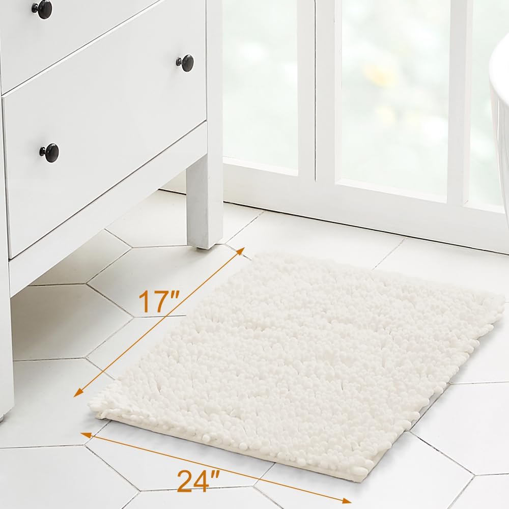 Walensee Bathroom Rug Non Slip Bath Mat (24x17 Inch Ivory) Water Absorbent Super Soft Shaggy Chenille Machine Washable Dry Extra Thick Perfect Absorbant Best Small Plush Carpet for Shower Floor