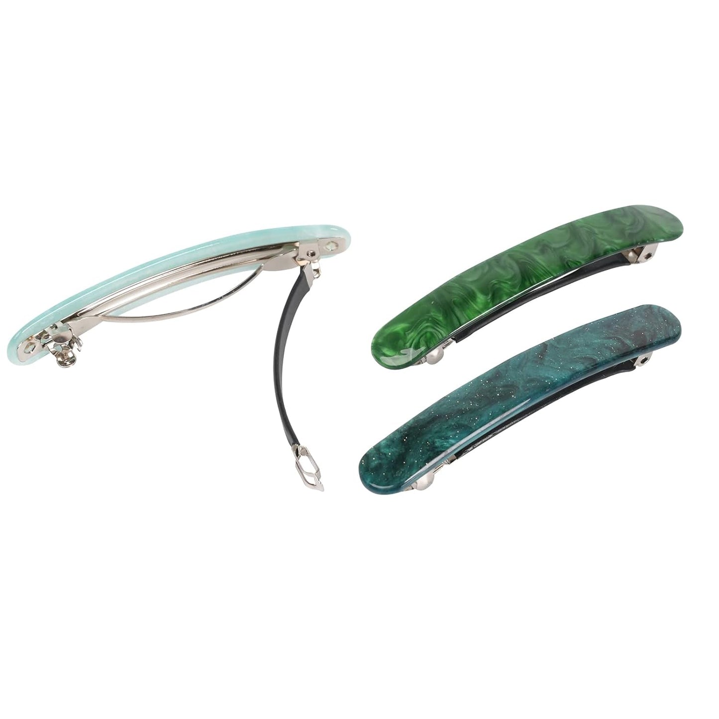 3PCS Women's Barrette Set - Tortoise Shell Automatic Clips for Thick/Medium Hair, Retro Hair Clasps (Light Blue, Star Green, Emerald)