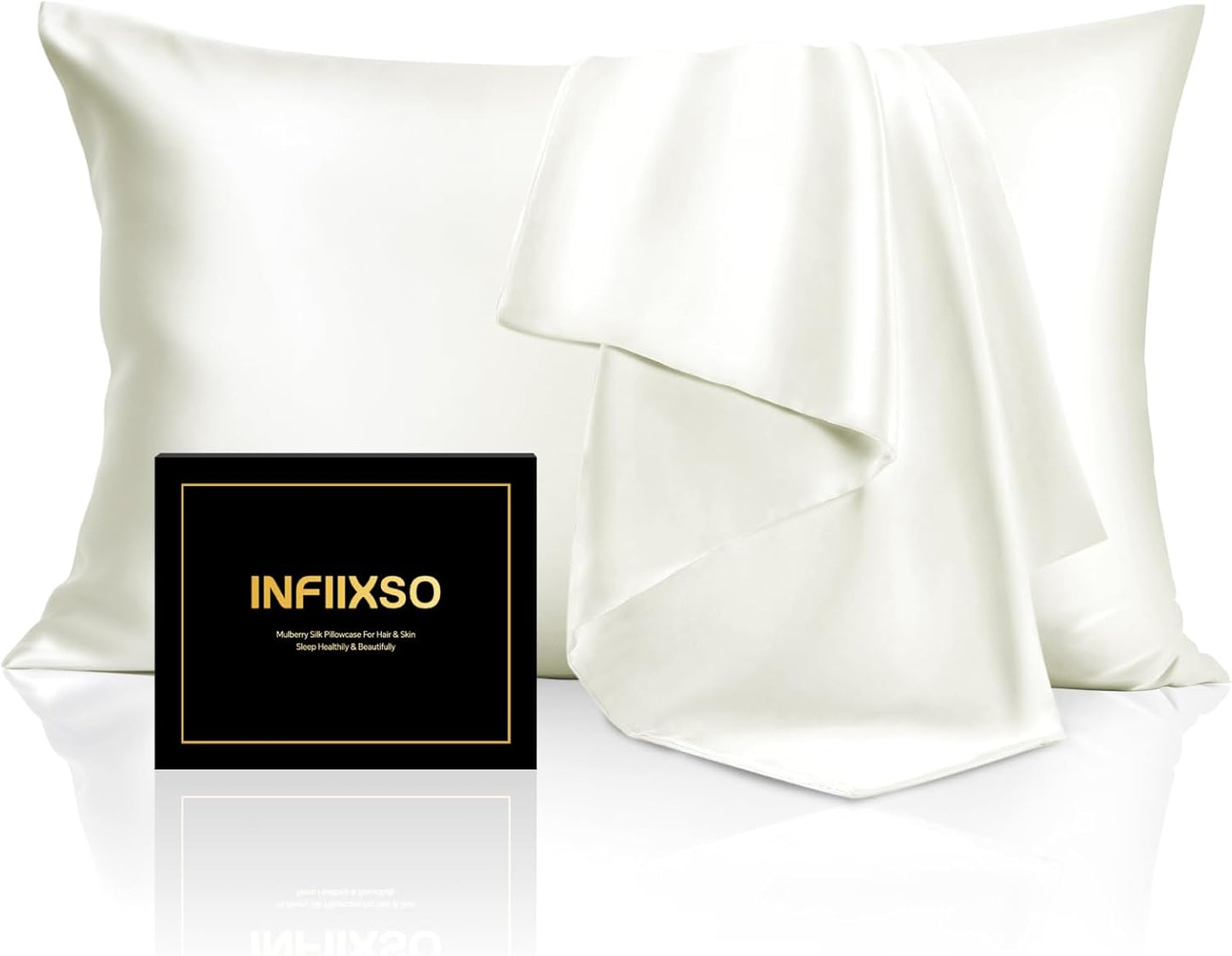 INFIIXSO Silk Pillow Cases 2 Pack Standard Size, Ultra Smooth & Soft Mulberry Silk Pillow Case for Hair and Skin, Breathable Cooling Silk Pillowcase with Hidden Zipper (Cream, 20x26 Inches)