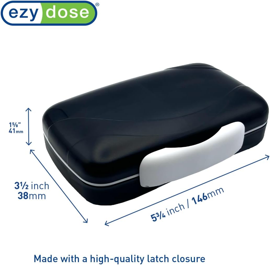 EZY DOSE Moisture-Proof Pill Case, Medicine Planner, Vitamin Organizer Box, Travel-Friendly, Latch-Closure to Secure Contents, 8 Individual Compartments of Multiple Sizes with Tight Seal, Large, Black