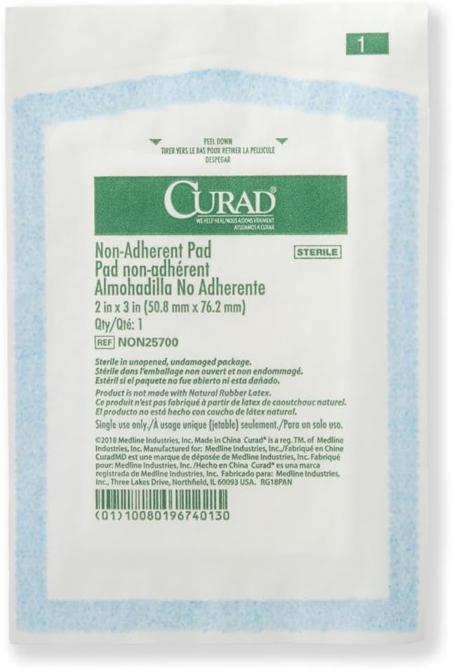 Curad Sterile Nonadherent Pad, Soft, Perforated, Absorbent, Cotton/Polyester, 2" x 3", Sterile, 100 pads