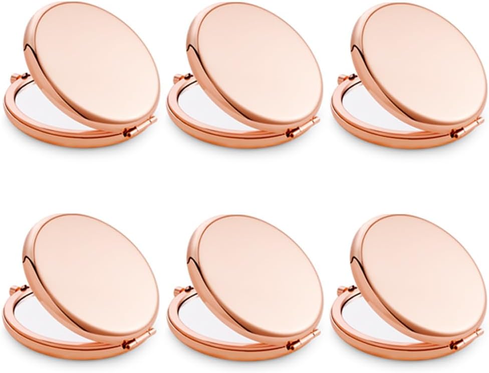 Compact Mirror, Pocket Travel Makeup Mirror for Purse, Metal Round Shell, 2-Sided 1X/2X Magnifying, Portable, Folding, Handheld, Rose Gold, 6 Pack