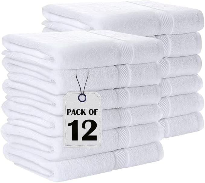 Pearl Linens Bath Towel Set of 12, Economy Cotton 20x40 Hotel Quality White Bath Towels Bulk, Lightweight and Highly Absorbent Quick Dry Towel for Home, Hotel, Spa, Gym and Bathroom, White Towel