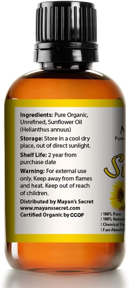 Mayan's Secret Sunflower Seed Oil - 4oz Size | All Natural Cold Pressed USDA Certified Organic - High Linoleic| Daily or Nighttime Regimen Large 4oz Amber Glass Bottle & Glass Dropper.