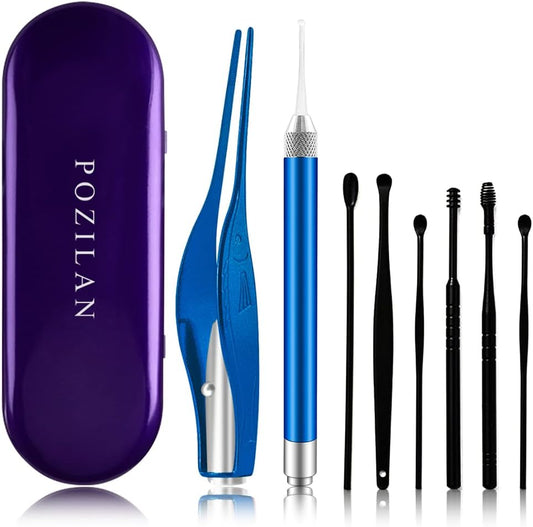 POZILAN Ear Picker Tweezers with LED Light - 8 Pack Ear Wax Removal Tool Cleaner Kit for Kids and Adults, Earwax Spoon Digger & Tweezers for Ear Cleaning Tool Gift Set