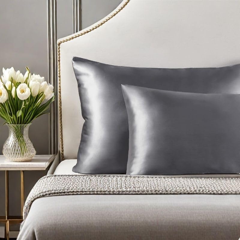 Juwenin Bedding,Luxury Satin Pillowcase with Zipper (Silky Satin Pillow Case for Hair) Set of 2 (Dark Grey, Queen(20''x29''))