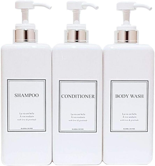 Modern Design Large 27 oz Shampoo and Conditioner Dispensers - Empty Plastic Refillable Pump Bottle Set for Bathroom Shower Soap Dispenser, Set of 3 (White & Silver)