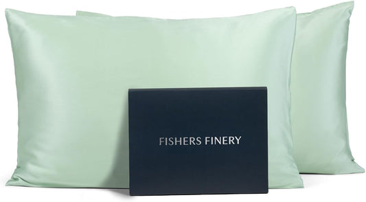 Fishers Finery 25mm 100% Pure Mulberry Silk Pillowcase (Light Green Queen 2 Pack)