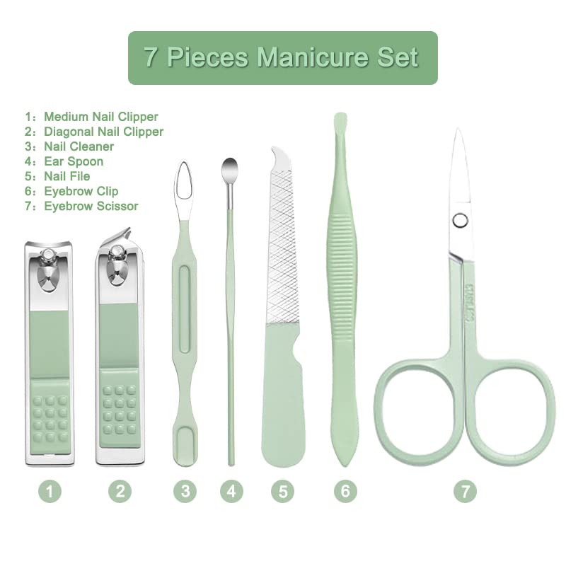 Manicure Set - 7 Pieces Professional Travel Nail Clippers with Green Leather Bag, Stainless Steel Nail Care Tools Grooming Kit for Women