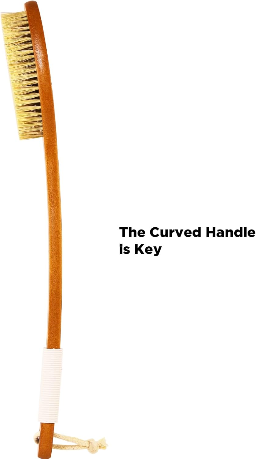 ICANdOIT-17.71Inch Natural Stiff Sisal Bristles Anti-Slip Curved Long Handle Bath Brush,Bent Handle Shower Scrubber for Exfoliating,Shower Back Brush