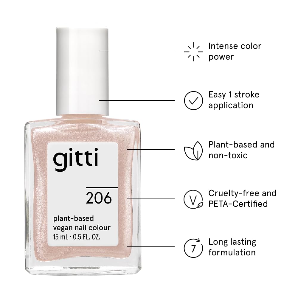 gitti Plant-based Nail Polish I Non-Toxic, 30-Free, Based On Natural Origin Ingredients, Cruelty-Free, Vegan, High Performance Colors, Glossy Finish, Shade no. 206 Pink Gleam (0.5 fl oz)