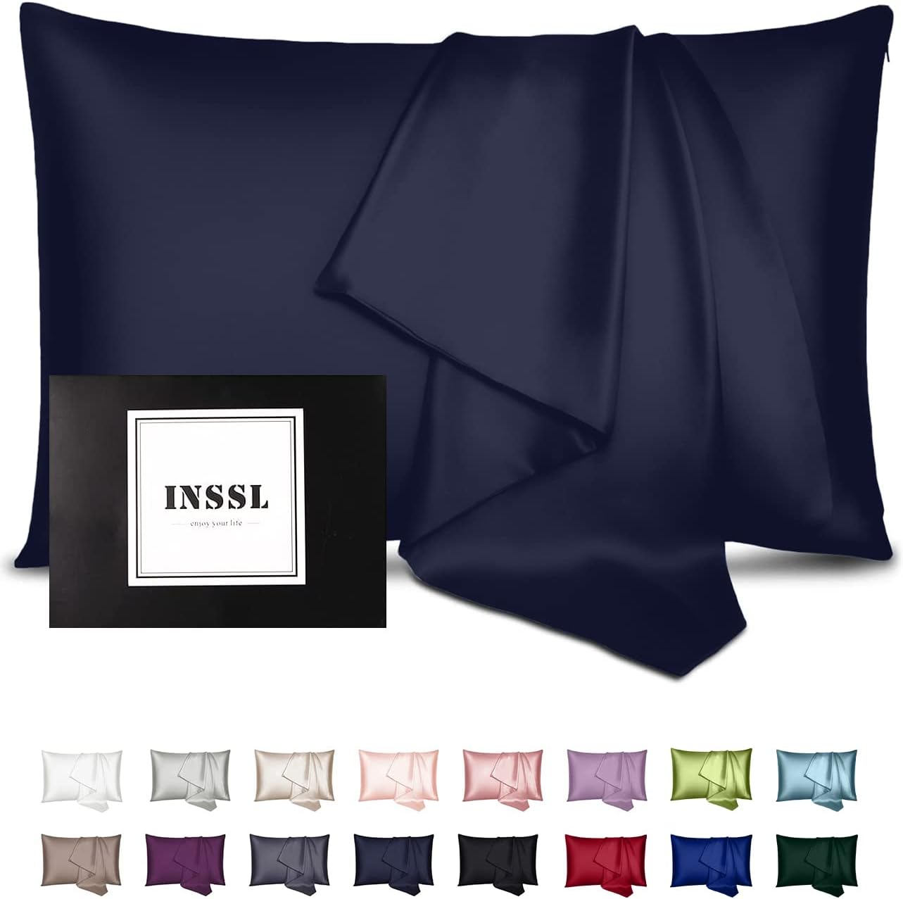INSSL Silk Pillowcase for Women, Mulberry Silk Pillowcase for Hair and Skin and Stay Comfortable and Breathable During Sleep (Queen, Navy Blue)