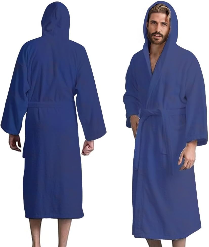 Men’s Hooded Bathrobe, 100% Cotton Terry Bathrobe, Spa Style Bath Robe, Absorbent Shower Robe, Lightweight Towel Bathrobes