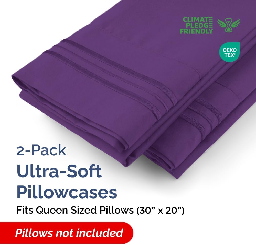 Queen Pillow Cases Set of 2 - Ultra Soft Hotel Quality Pillowcase Covers - Comfy, Cozy & Wrinkle Free - Shrinkage, Stain and Fade Resistant - Machine Washable Pillow Protectors - 2 Piece Set - Purple