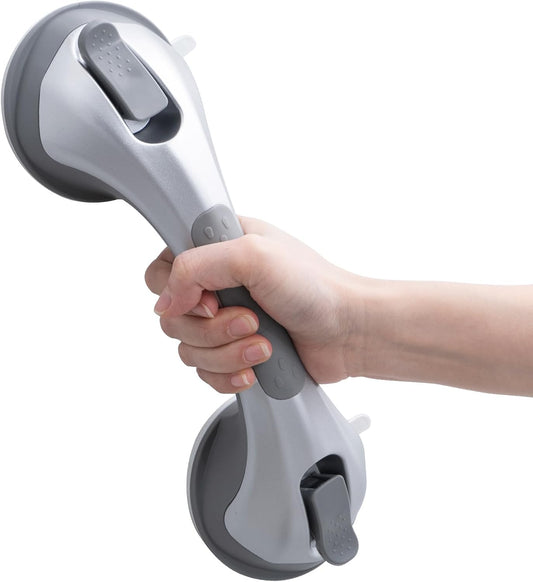 LEVERLOC Shower Grab Bar, 12 Inch Suction Grab Bars for Bathtubs, Shower Handle Handrail for Seniors Bathroom Safety Grip for Elderly, Heavy Duty No Drilling Removable,Silver