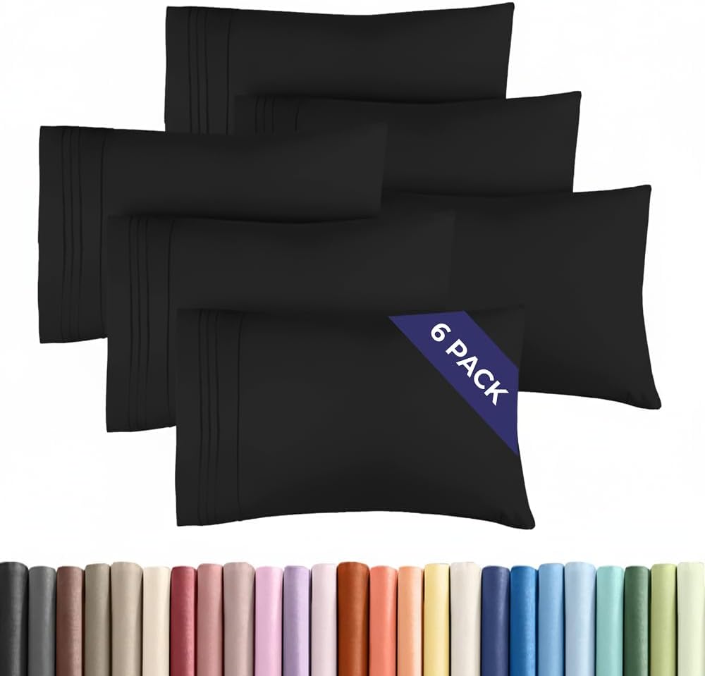 Standard Pillow Cases Set of 6 - Ultra Soft Hotel Quality Pillowcase Covers - Comfy, Cozy & Wrinkle Free - Shrink, Stain and Fade Resistant - Machine Washable Pillow Protectors - 6 Piece Set - Black