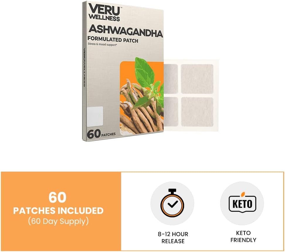 Veru Wellness Ashwagandha Patch - Stress Relief, Natural Mood Support, Stress, Energy, and Focus Support Patch (60 Count)