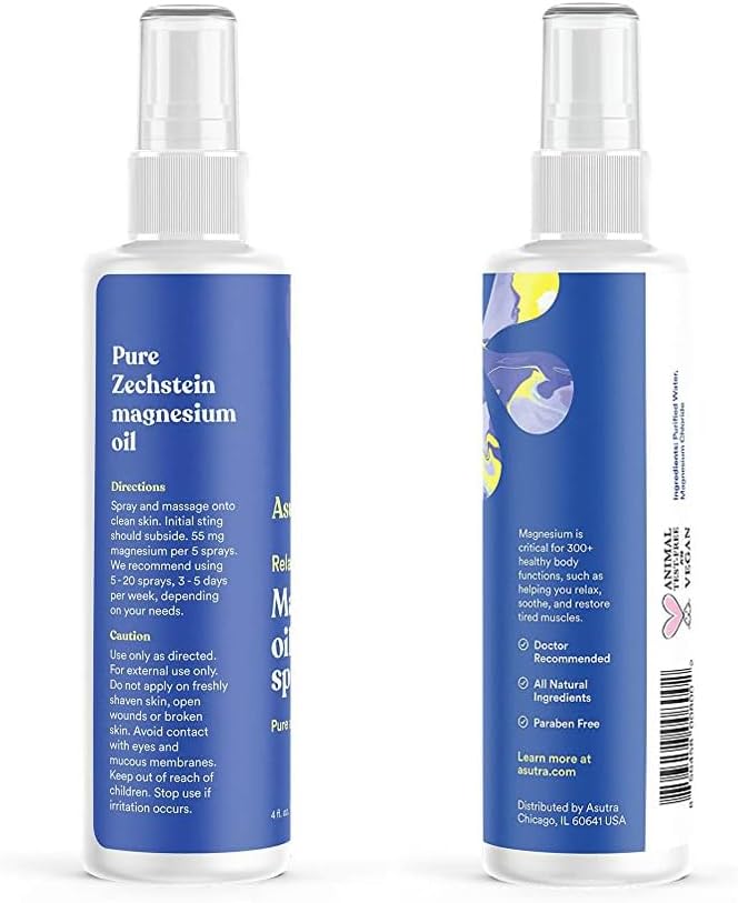 ASUTRA Topical Magnesium Bundle, 4 fl oz Magnesium Oil Spray (Pack of 2), 4 lb Bag of Bath Flakes, Rapid Absorption, Pure and Odorless, Derived from Zechstein Seabed