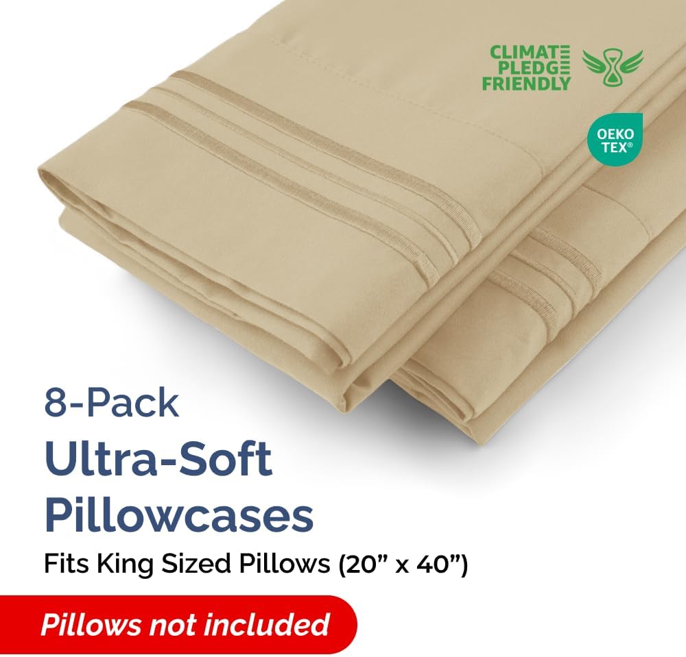 King Pillow Cases Set of 8 - Ultra Soft Hotel Quality Pillowcase Covers - Comfy & Wrinkle Free - Shrink, Stain and Fade Resistant - Easy-Care, Machine Washable Pillow Protectors - 8 Piece Set - Beige