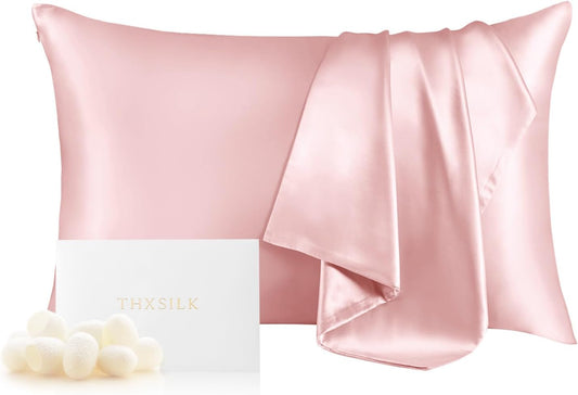 THXSILK 100% Mulberry Silk Pillowcase for Hair and Skin, Concealed Zipper, Both Sides Grade 6A+ Silk, Organic Silk Pillowcase Standard Size 20x26 inches, 1PC, Light Pink