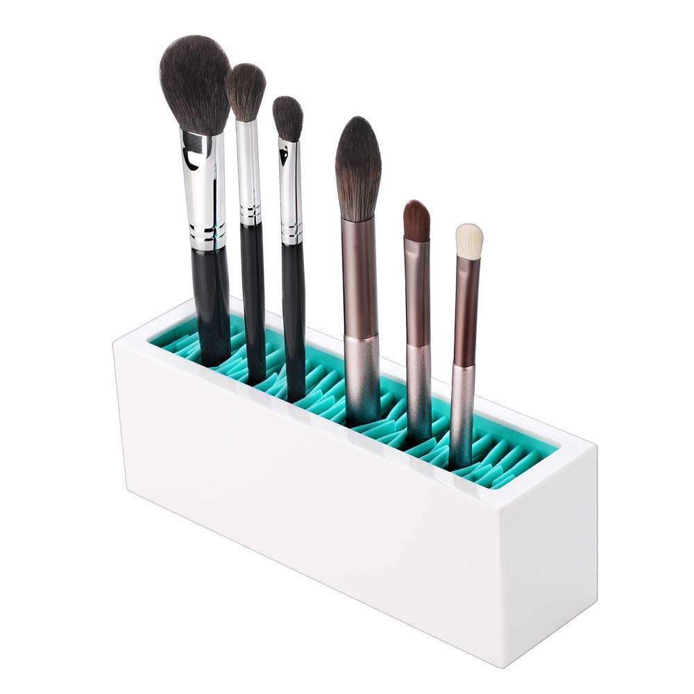 Makeup Brushes Holder Organizer, Silicone Vanity Air Drying Rack Display Storage for Brush, Eyeliners and More, Practical Cosmetic Tools Container (Blue-White)