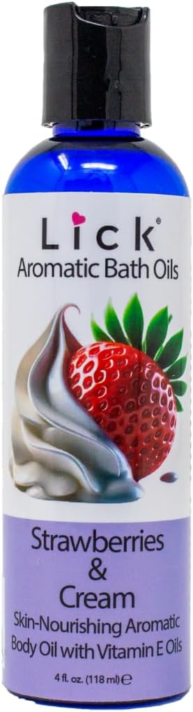 Strawberries and Cream Aromatic Bath Oil – Sweet Almond, Vitamin E & Jojoba Oils for Luxurious Skin Hydration – 12 Aromas – Made in USA – 4 fl oz