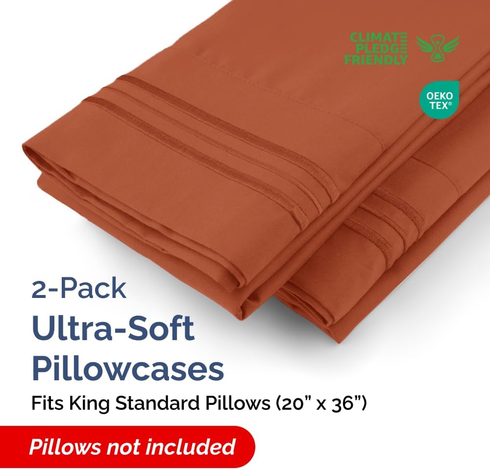 King Standard Pillow Cases Set of 2 - Soft Hotel Quality Pillowcase Covers - Comfy, Cozy & Fade Free - Wrinkle Resistant - Machine Washable Pillow Protectors - 2 Piece Set - King Standard Terracotta